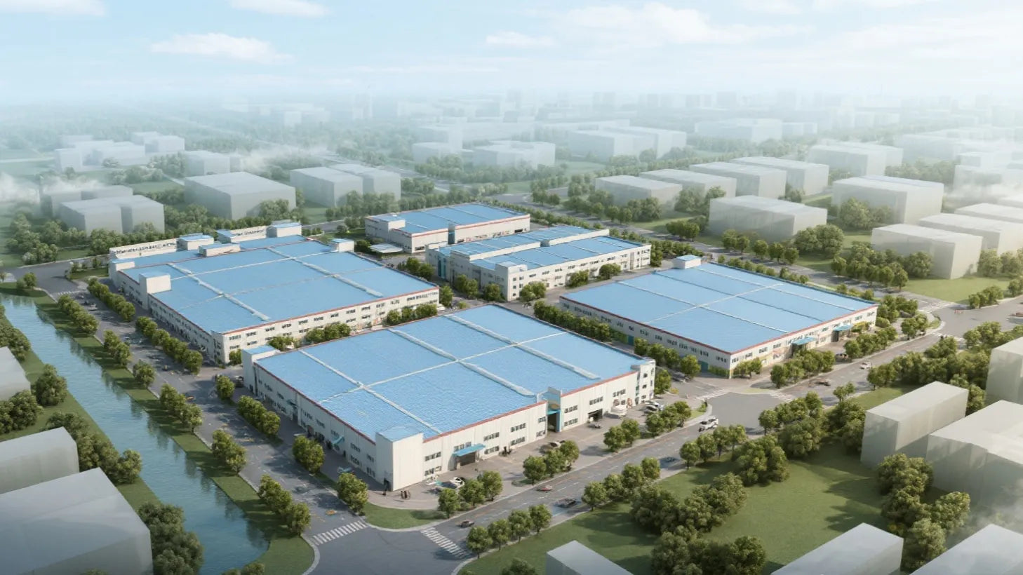 Aerial view of Qiandao Factory, showing blue-roofed industrial buildings and good greenery. By 2024, the overall scale and factory management of Qiandao will have reached a high level
