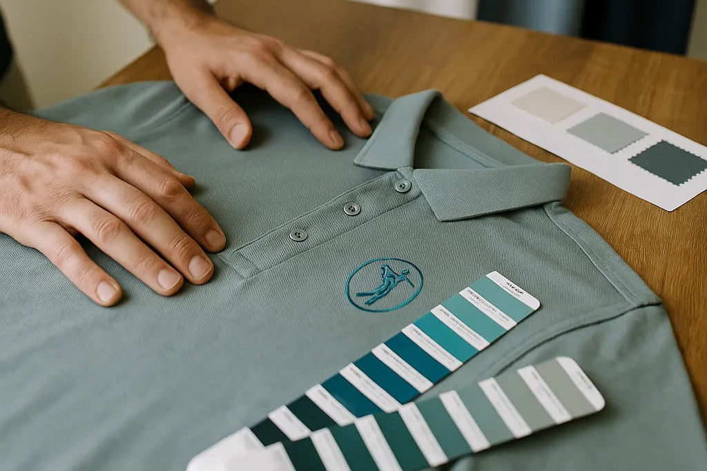 A green polo shirt with embroidery on the table, fabric swatch and Pantone color guide nearby. These are smples