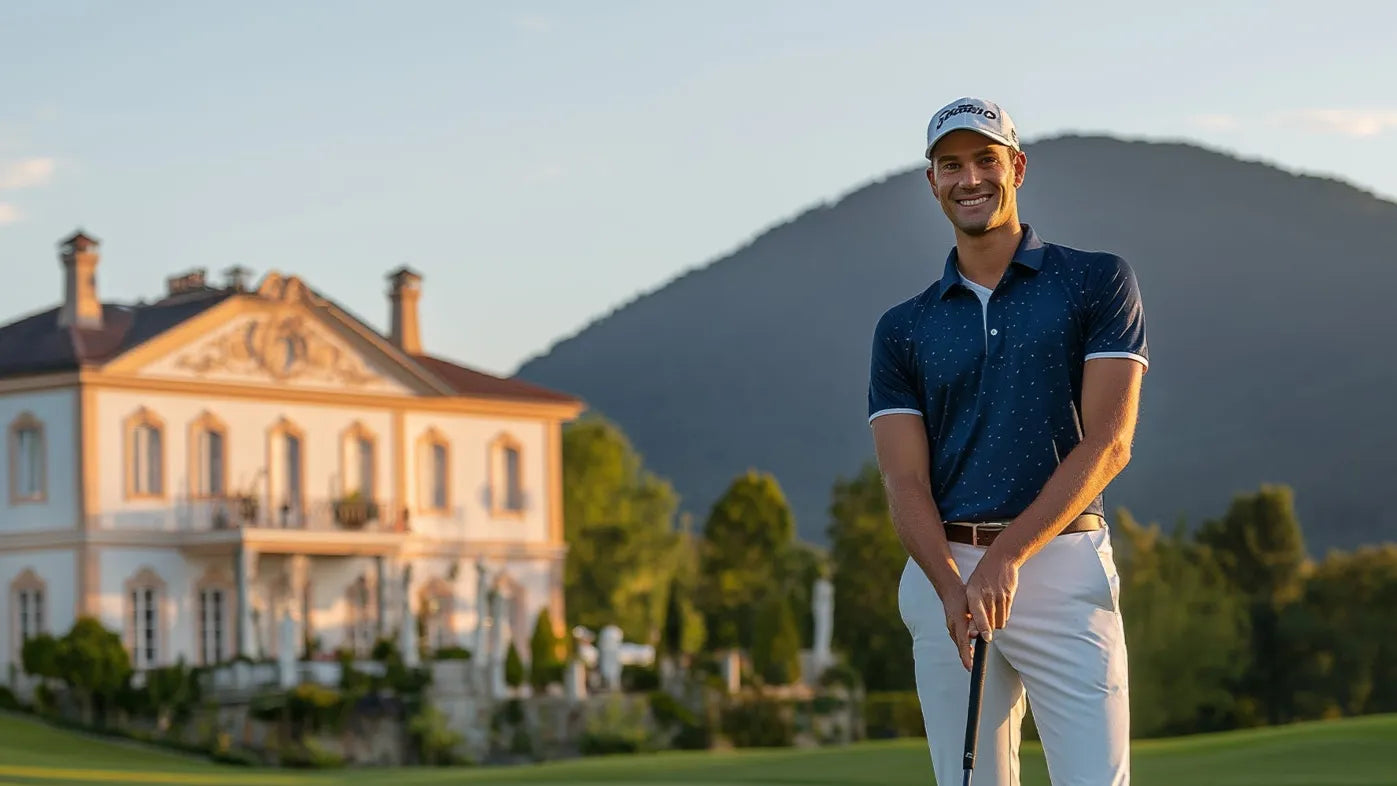Man holding a golf club on a golf course with a mansion and mountains in the background
