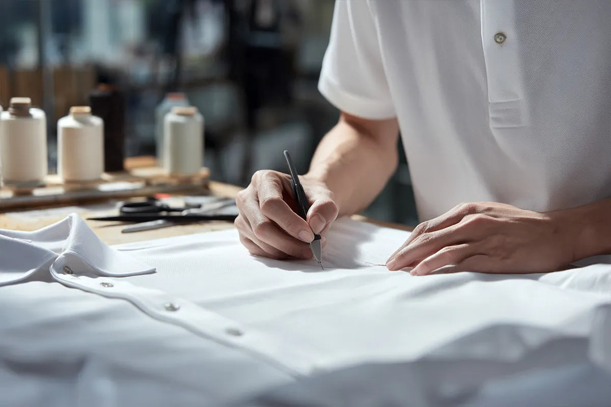 Person working on a garment sample with sewing tools and materials in the background