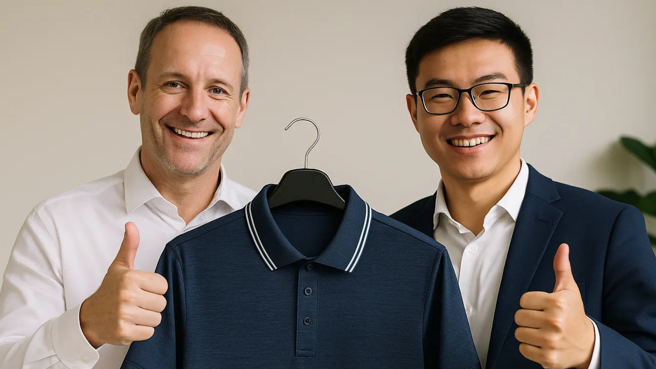 A foreign client and Qiandao's manager giving thumbs up while showcasing a navy blue golf polo shirt sample, symbolizing successful cooperation in golfwear customization
