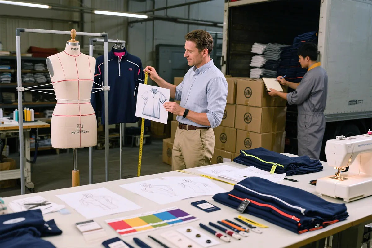 Designer in golfwear sampling room comparing polo shirt sketch with garment, table filled with drafts, trims, color cards, sewing machine, worker handling bulk delivery