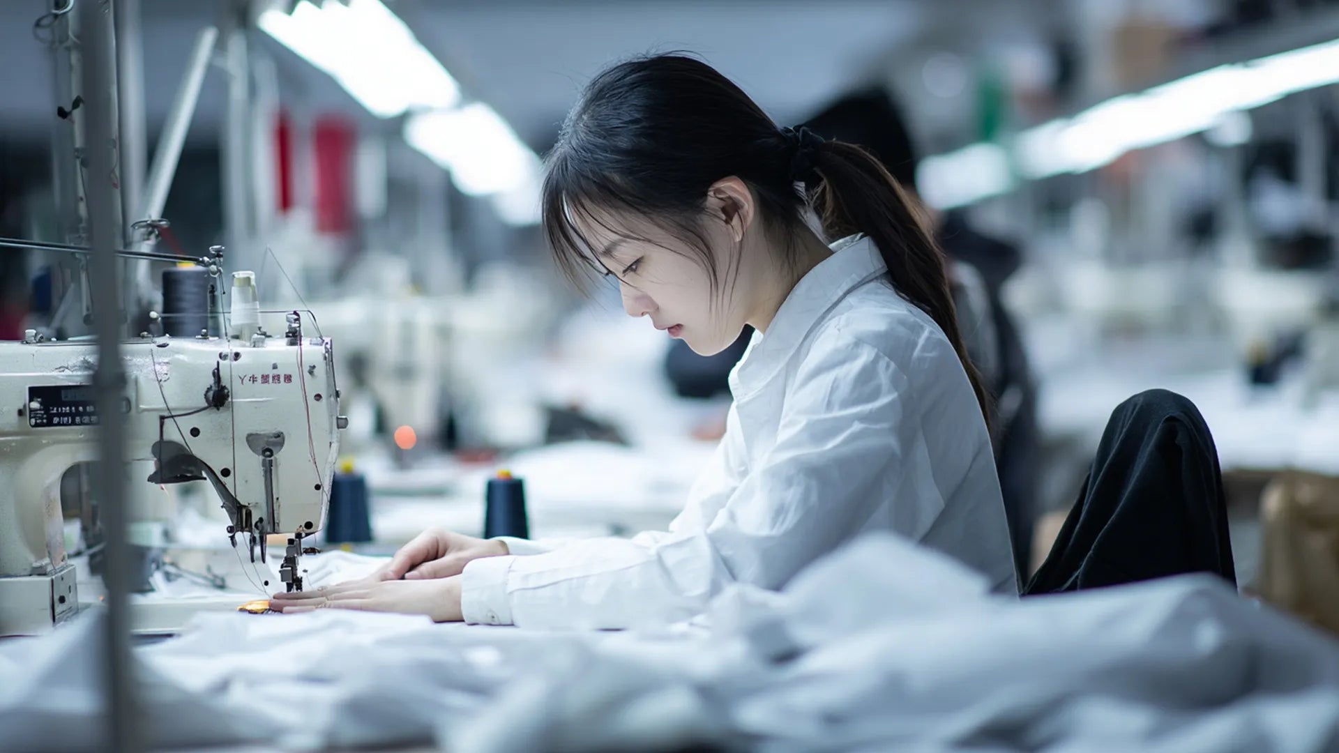 Garment factory worker operating a sewing machine in the factory