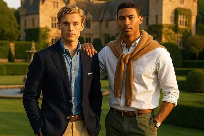 Two men, dressed in old-money golf attire with shirts, blazers, and cotton pants, stand on a grassy field with a castle-like building in the background