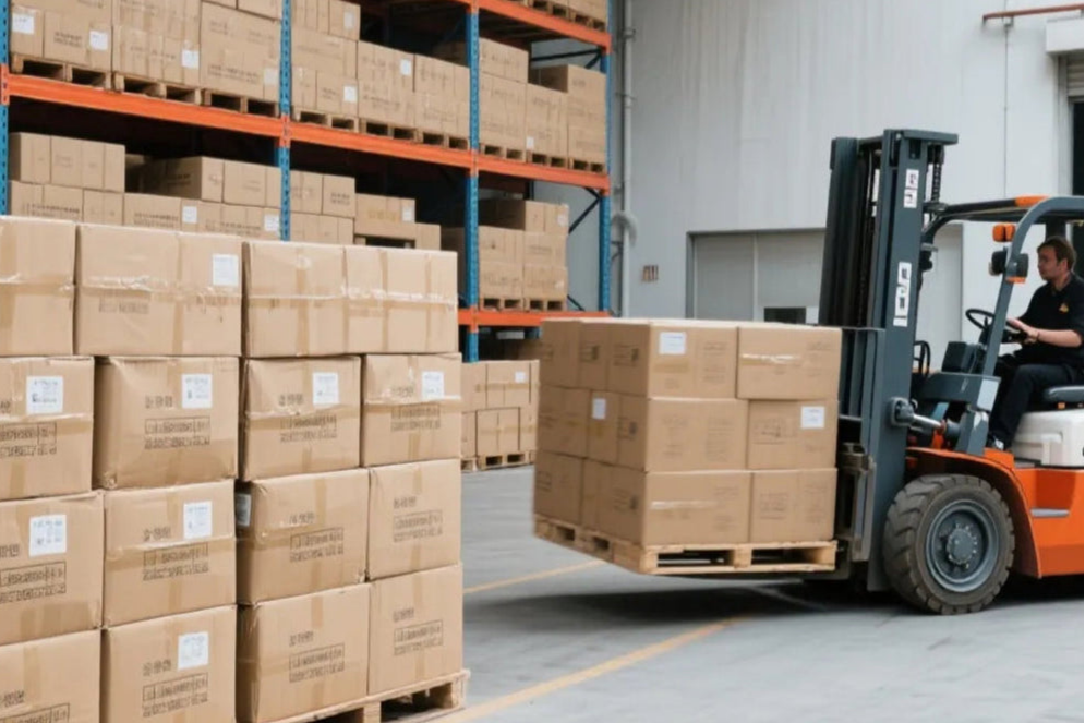 A large inventory of golf apparel products, workers are picking up the goods and preparing for shipment