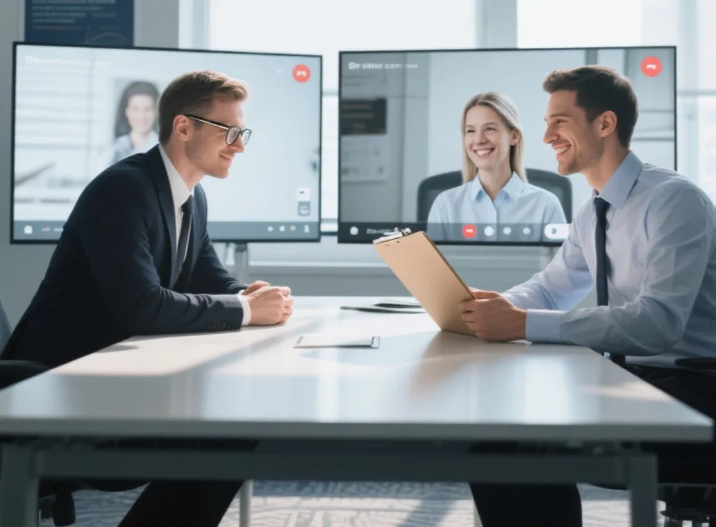 Two professionals in a video conference meeting with two additional participants on screen