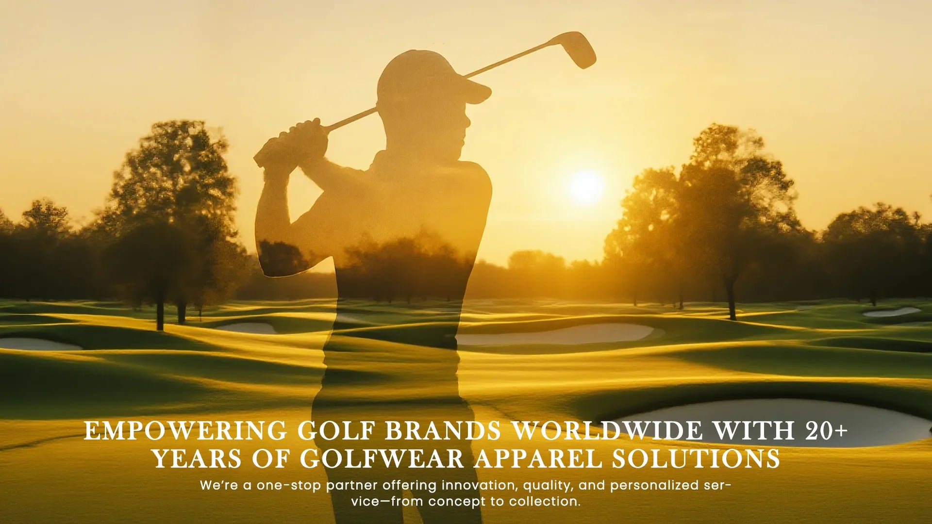 Silhouette of a golfer against the sunset on a golf course, casting light and nostalgia, symbolizing Qiandao’s 20+ years of growth