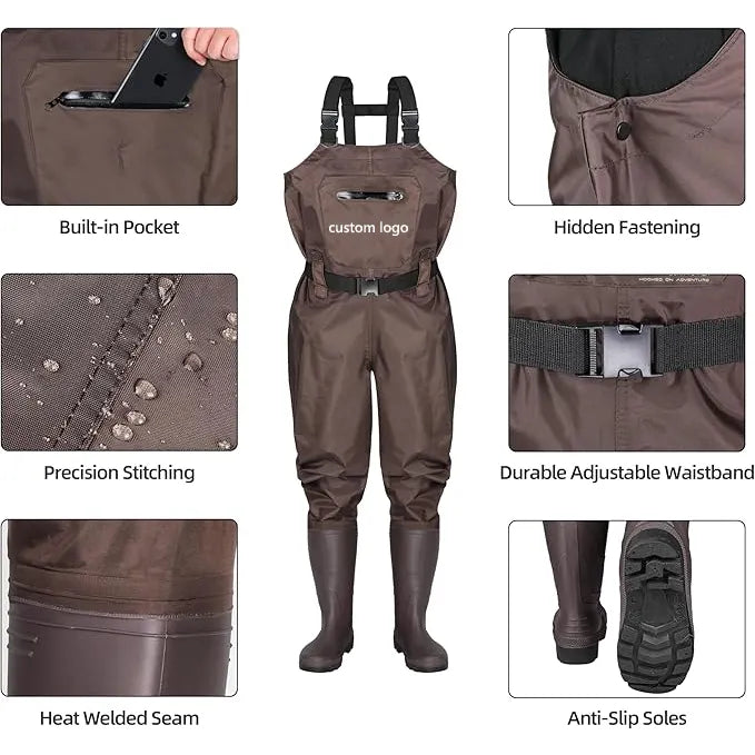 Fishing Bibs Unisex 5-Ply / 4-Layer PVC Chest Waders - Waterproof Zip Option, Custom Logo Ready