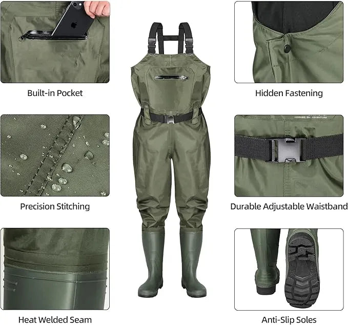 Fishing Bibs Unisex 5-Ply / 4-Layer PVC Chest Waders - Waterproof Zip Option, Custom Logo Ready