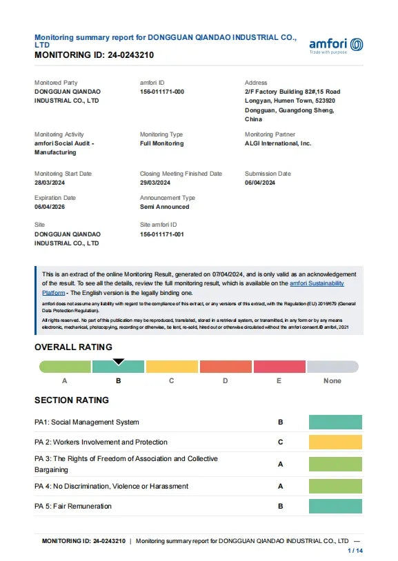 Monitoring summary report for Dongguan Qianqiao Industrial Co., Ltd. with an Amfori logo