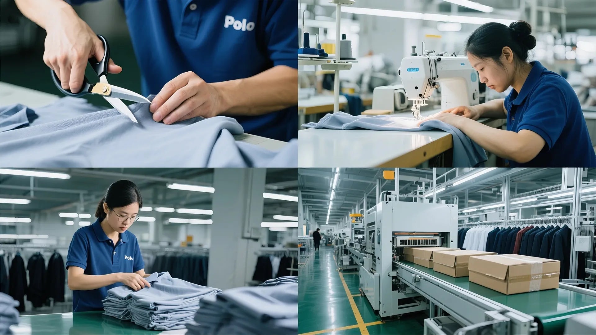 Golf apparel manufacturing process collage — fabric cutting, precision sewing, quality inspection, and automated packaging for bulk production