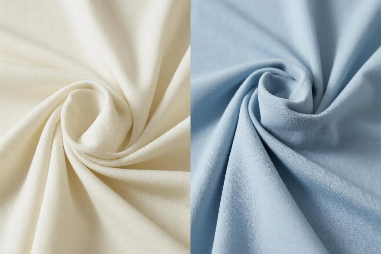 Close-up of beige and blue fabric swatches