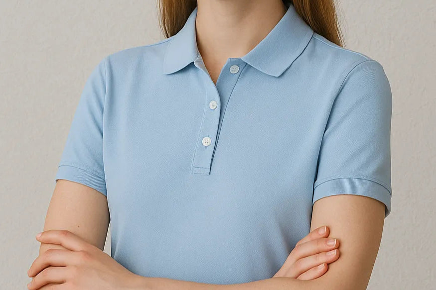 A woman wearing a light blue polo shirt with arms crossed against, solid color straight shoulder version is very suitable for model figure