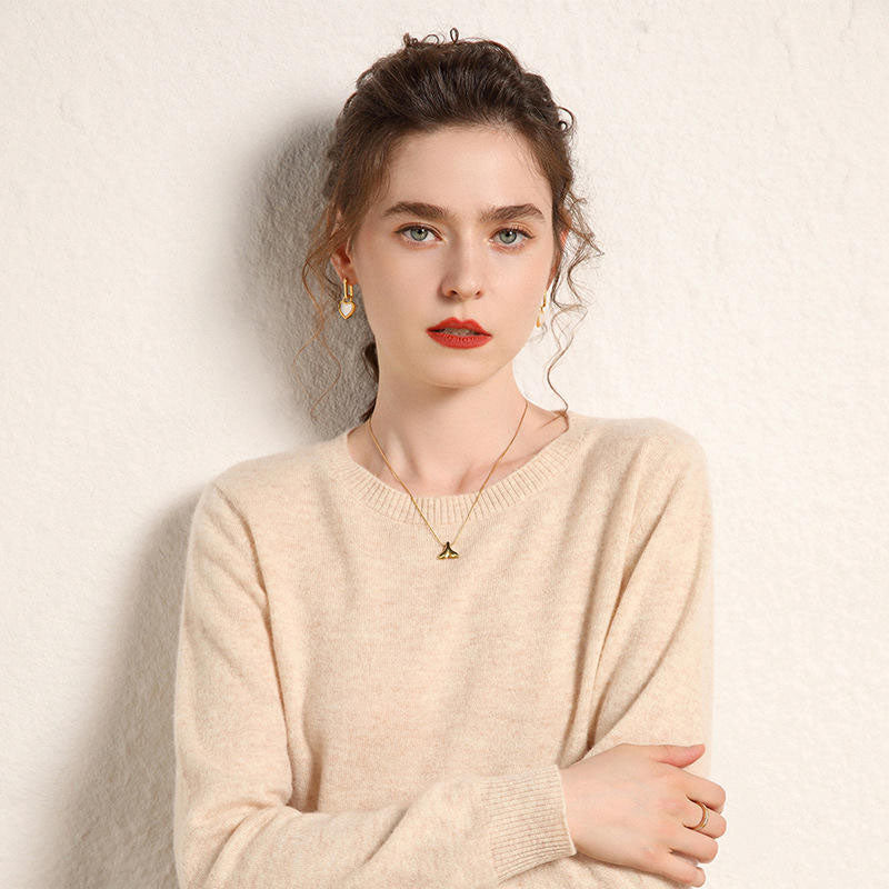 Custom Cashmere Crewneck Sweater in Fine-Gauge Beige Knit