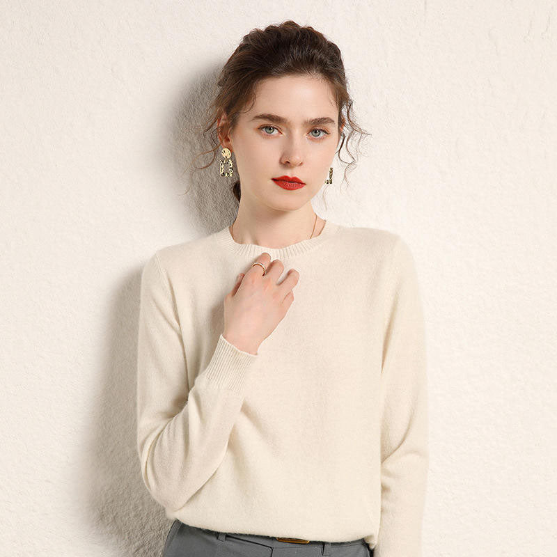Custom Cashmere Crewneck Sweater in Fine-Gauge Beige Knit