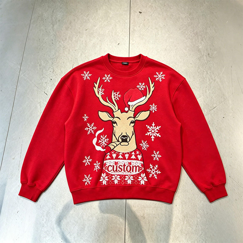 Custom Christmas Sweatshirt Crewneck in 380 GSM Cotton with Reindeer Graphic