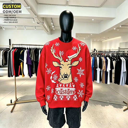 Custom Christmas Sweatshirt Crewneck in 380 GSM Cotton with Reindeer Graphic