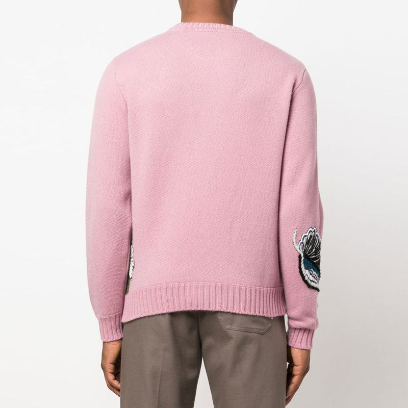 Custom Floral Embroidered Wool Crewneck Sweater Manufacturer
