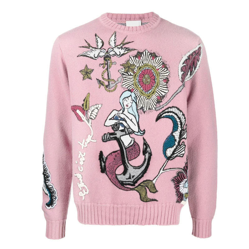 Custom Floral Embroidered Wool Crewneck Sweater Manufacturer