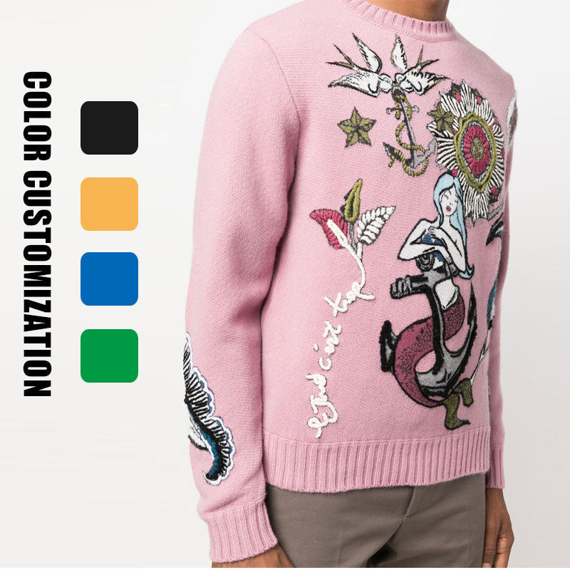Custom Floral Embroidered Wool Crewneck Sweater Manufacturer
