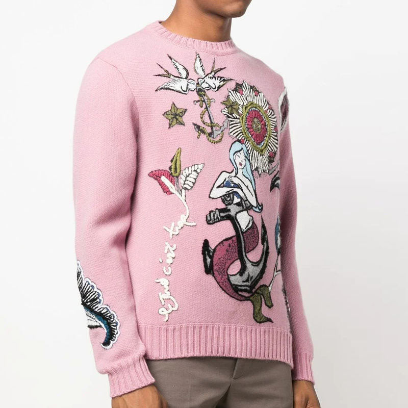 Custom Floral Embroidered Wool Crewneck Sweater Manufacturer