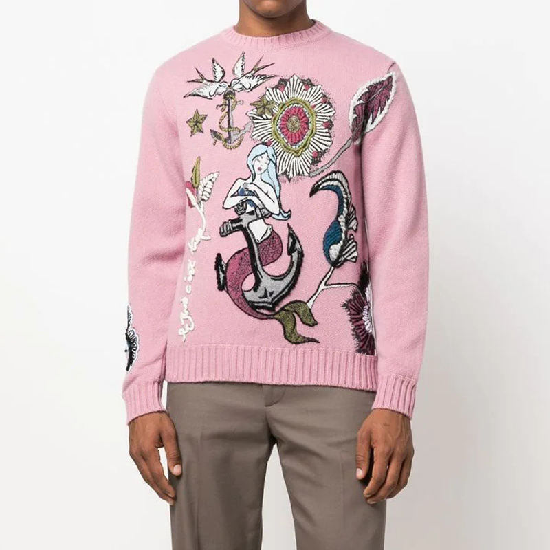Custom Floral Embroidered Wool Crewneck Sweater Manufacturer