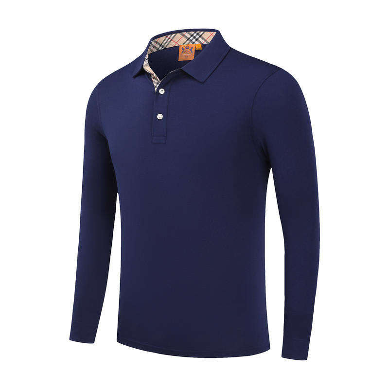 Custom Golf Polo Long Sleeve with Plaid Collar and Placket Trim