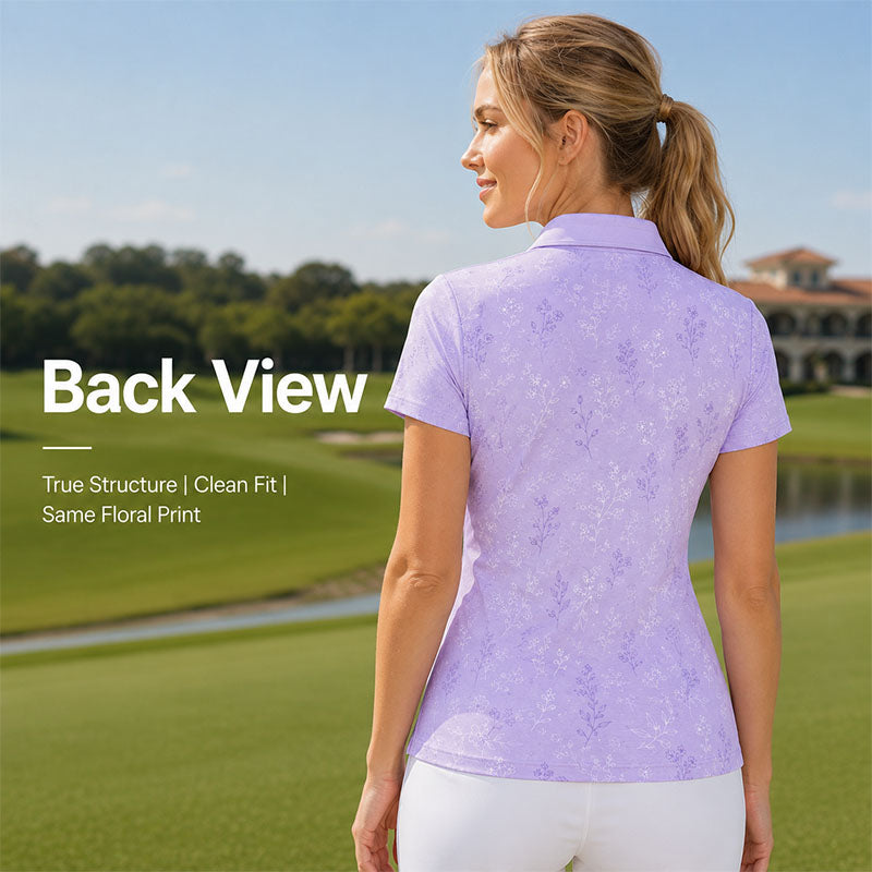 Custom Ladies White Golf Polo Shirts with Floral Line Print