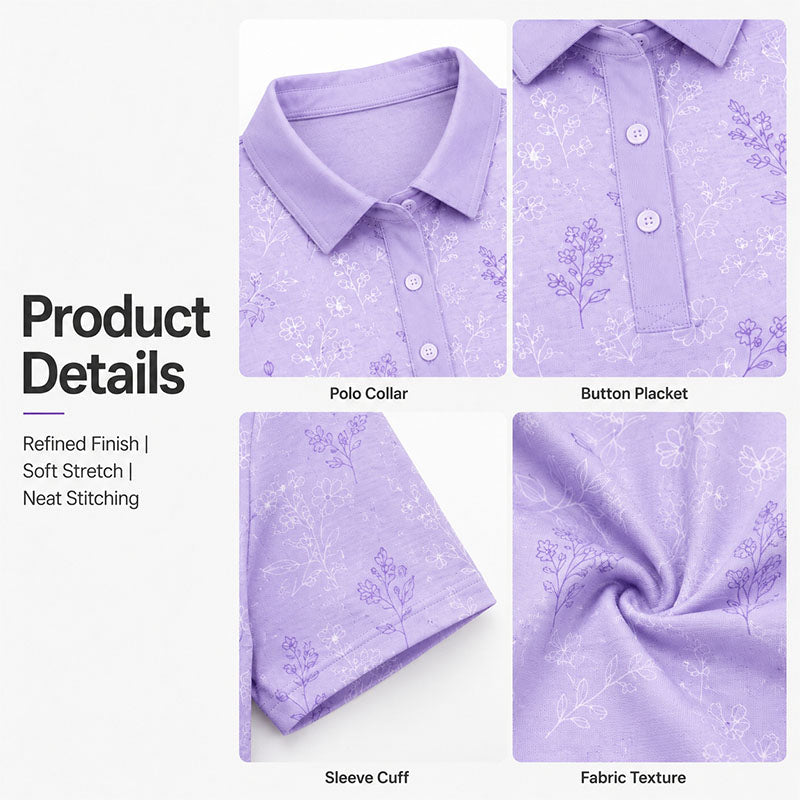 Custom Ladies White Golf Polo Shirts with Floral Line Print