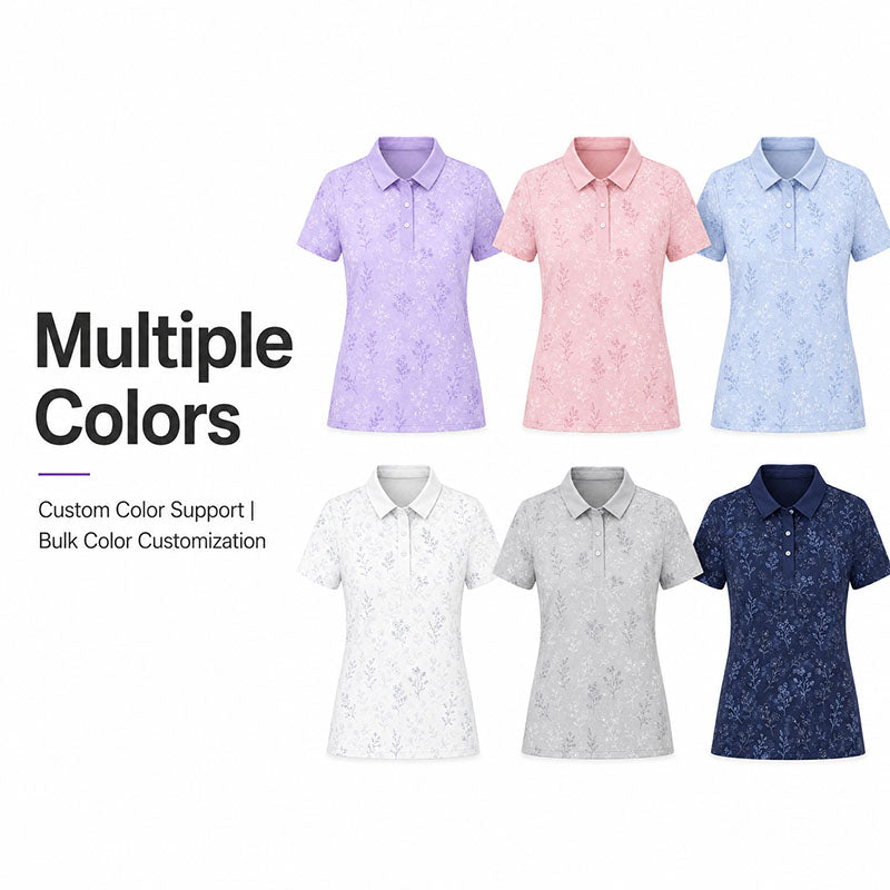 Custom Ladies White Golf Polo Shirts with Floral Line Print