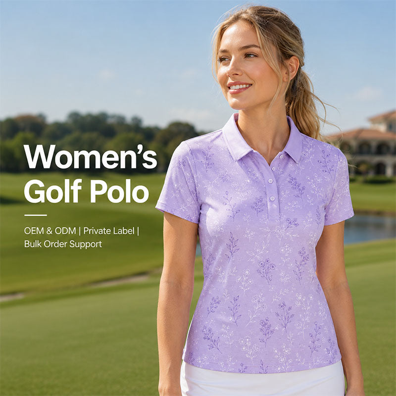 Custom Ladies White Golf Polo Shirts with Floral Line Print