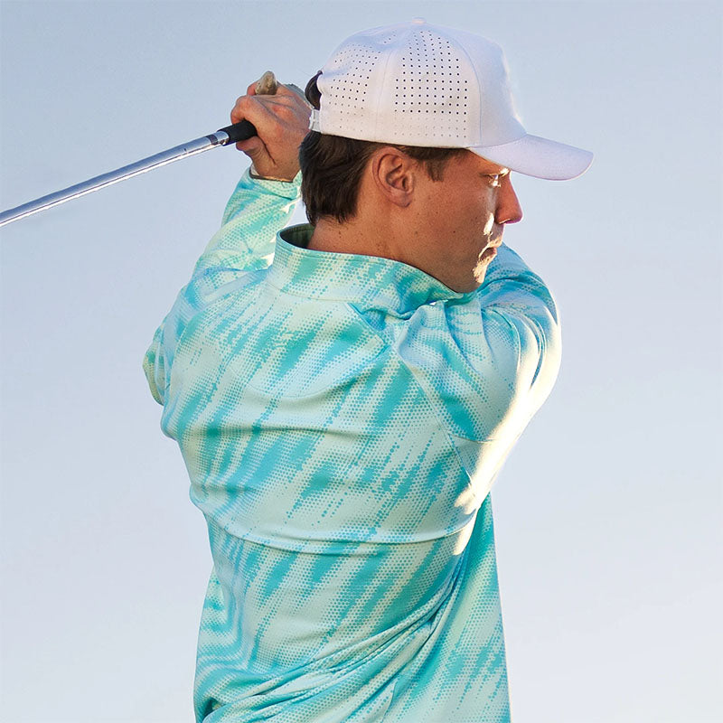 Custom mens 1/4 zip fleece pullover with Aqua Abstract Print