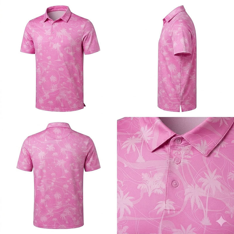 Custom Mens Pink Golf Polo with Tropical Palm Print