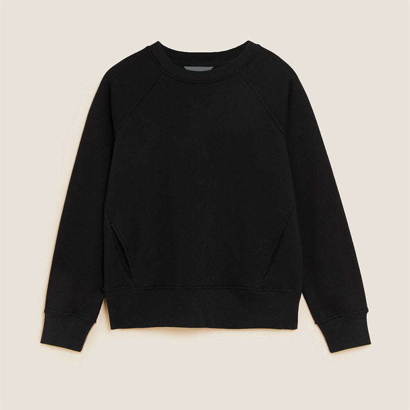 Custom Women’s Crewneck Sweatshirt with Side Pockets in Solid Black