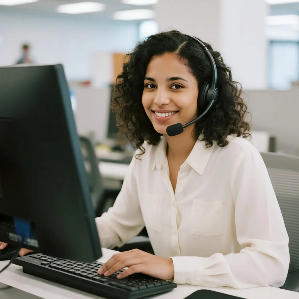 The worker wearing a headset and smiling while sitting at a desk connect the clients througth the computer