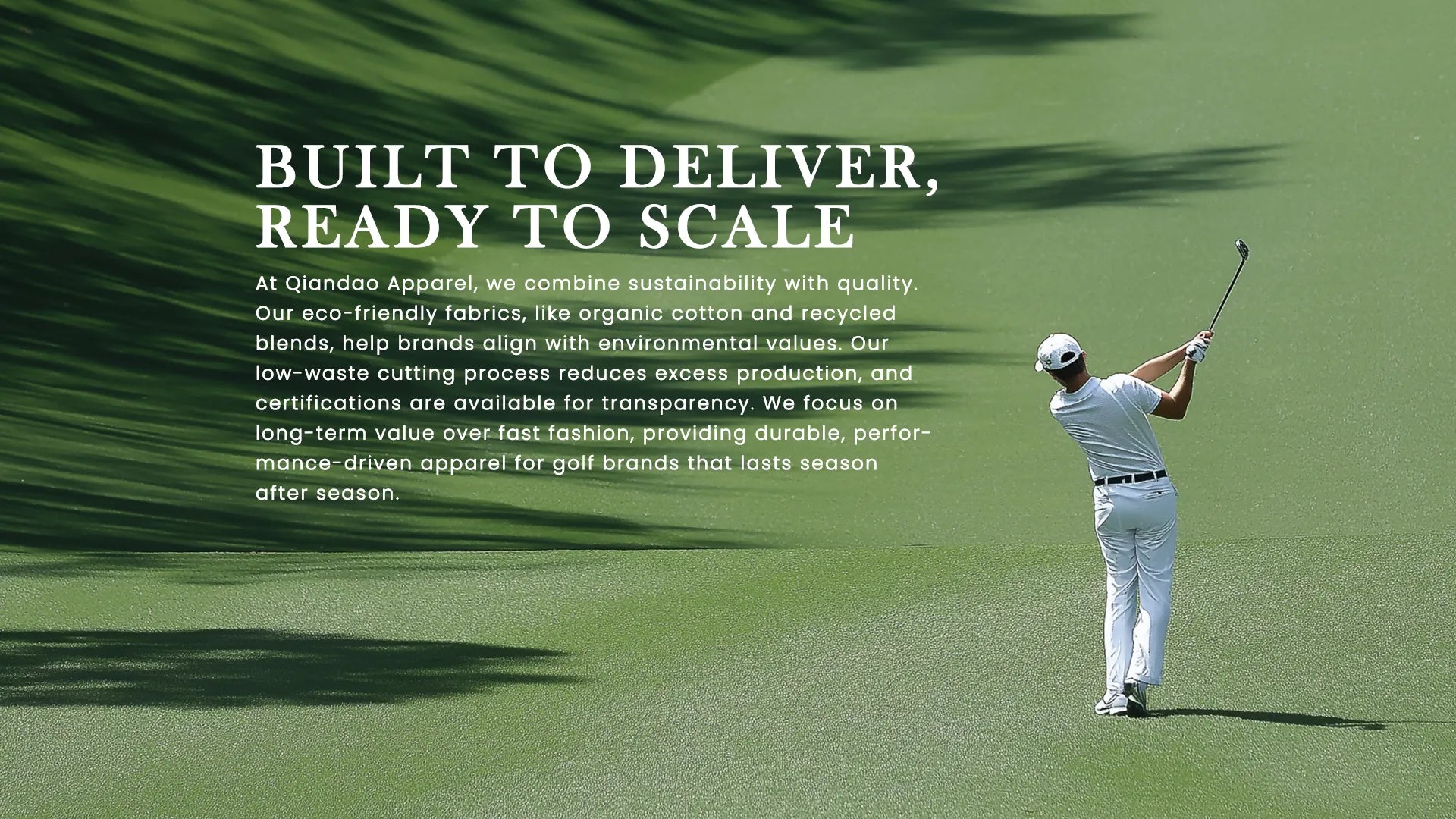 Golfer swinging on green golf course - custom golfwear with eco-friendly fabrics and finishing