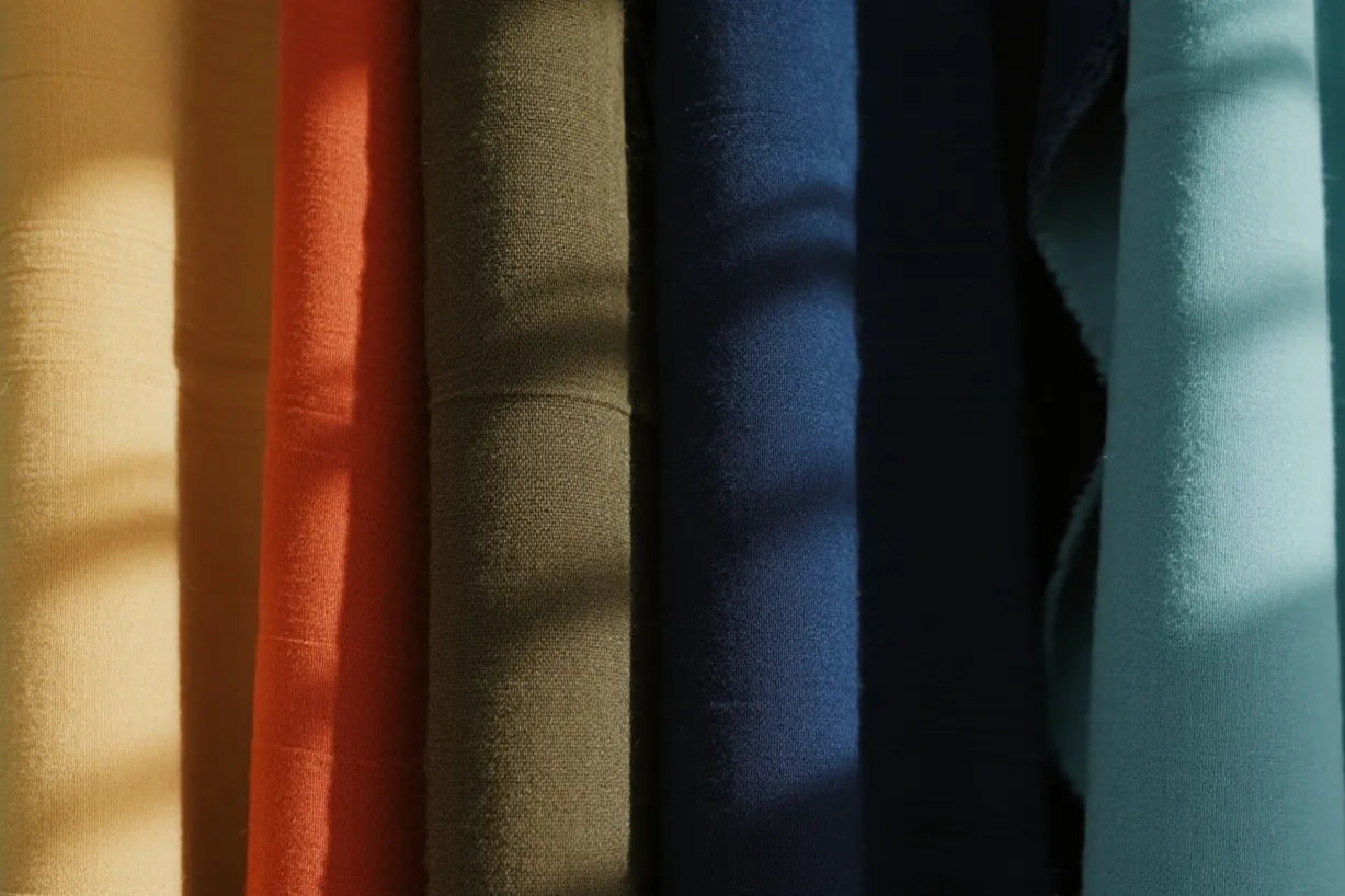 A variety of fabrics in orange, blue, green, pink, etc. The fabrics are bright in color and soft. Qiandao can advise on fabric selection, mock sampling, and matching performance needs