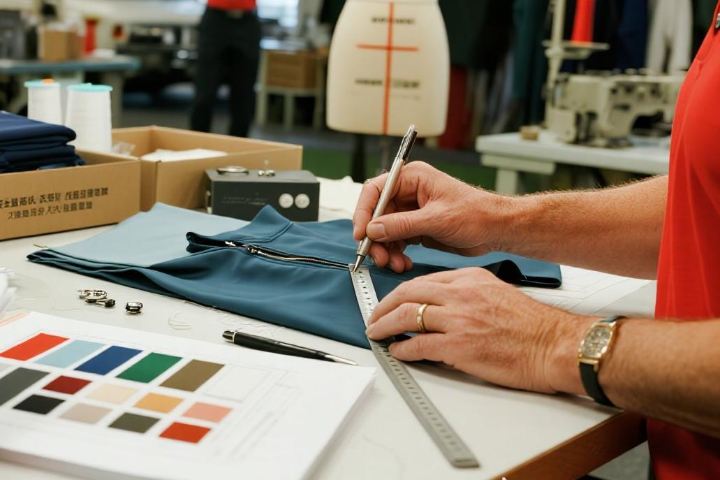 Person working on fabric with a ruler and pen in a workshop setting