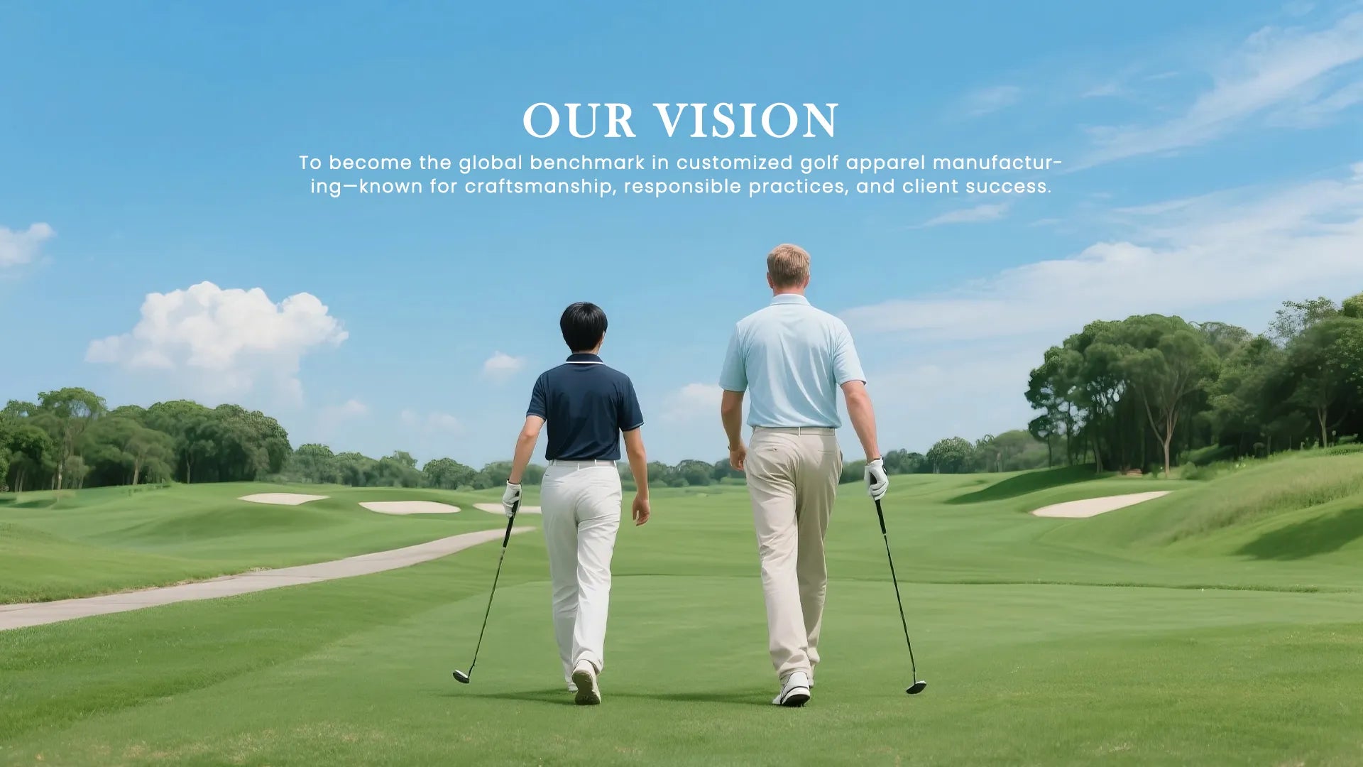 Two golfers, one Asian and one Caucasian, holding clubs and ready to hit the course, symbolizing the joint development between Qiandao and its clients