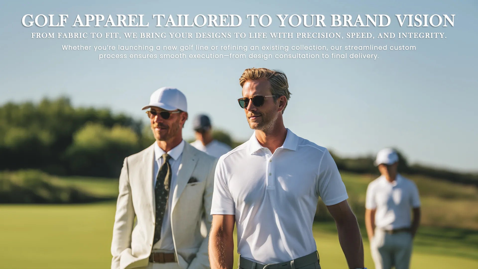 Businessmen in solid golf polos working on the course, showing their golf apparel which was custom-made. Qiandao offering one-stop solution, providing OEM ODM service