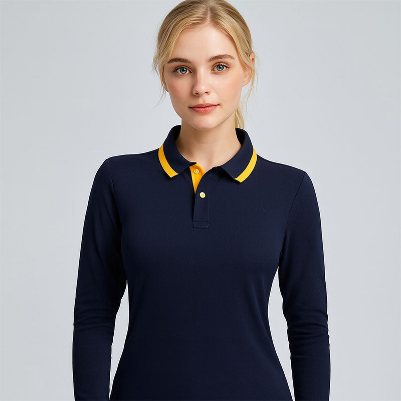 Ladies Black Golf Polo Shirt | 220gsm Poly/Cotton Knit, Long Sleeve, Quick-Dry, OEM
