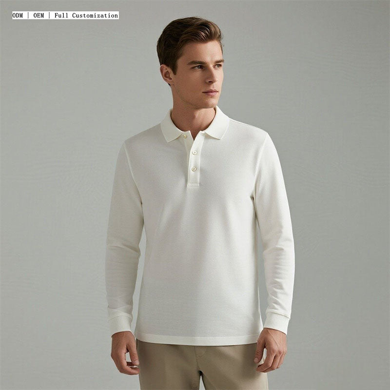 Long Sleeve Men’s Golf Polo, 160gsm Quick-Dry Piqué Cotton Knit, OEM