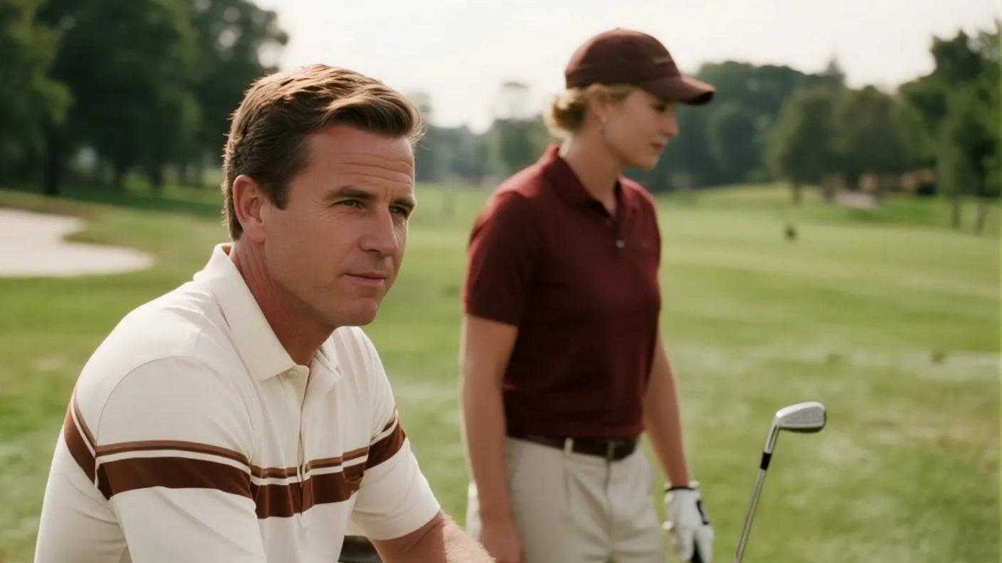 Two person on a golf course with one sitting and the other standing, holding a golf club.