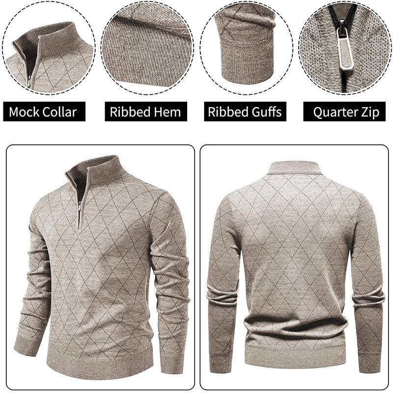 Men’s 1/4 Zip Lightweight Pullover Soft Knit Diamond Pattern Sweater
