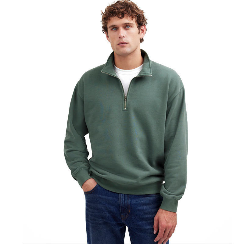 Men’s Green 1/4 Zip Pullover Oversized Cotton Fleece Sweatshirt