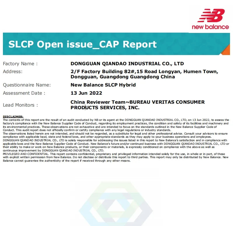 SLCP Open issue CAP Report for New Balance with company logo