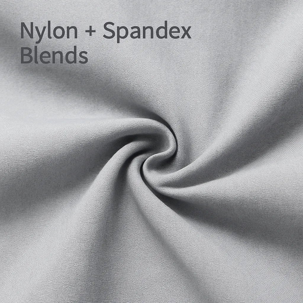 Nylon and spandex blend showcased, designed for flexibility and durability, featuring four-way stretch, wrinkle resistance, and excellent recovery
