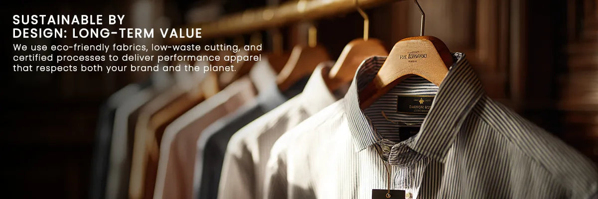 Comfortable cotton shirt arrangement, expressing Qiandao use eco-friendly fabrics, low-waste cutting, and certified processes to deliver performance apparel 