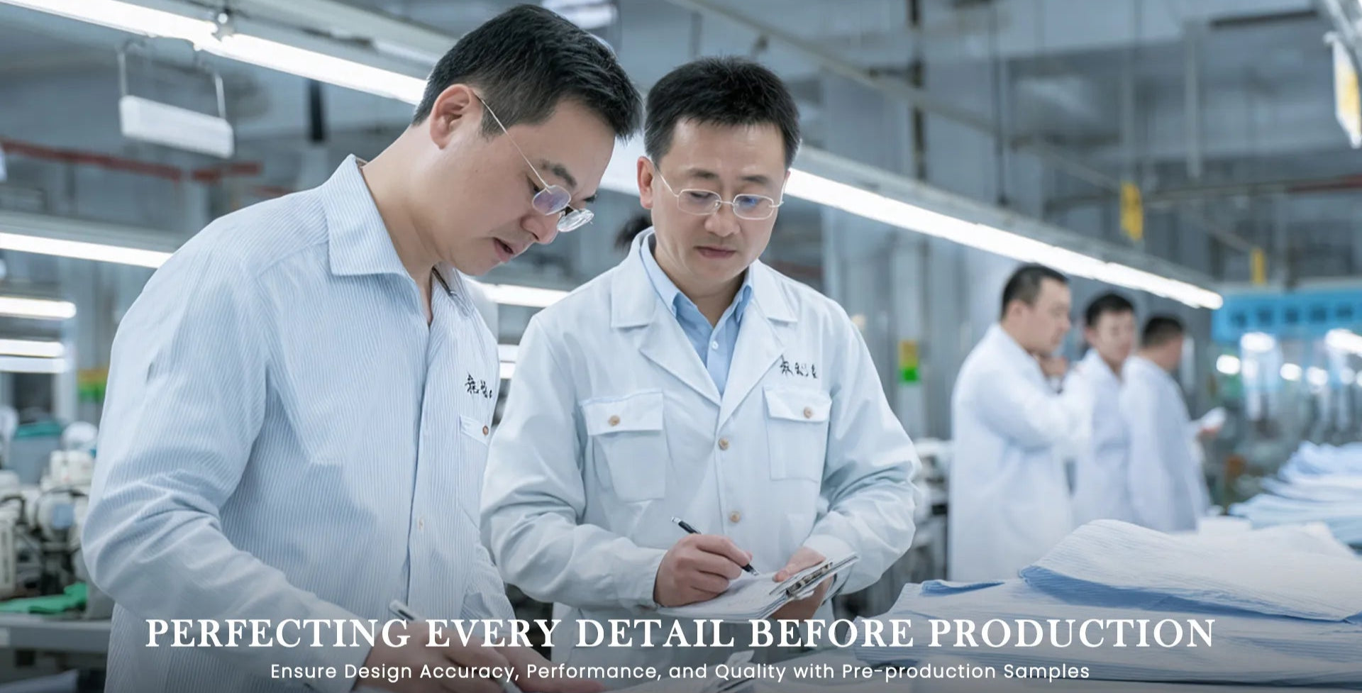 Engineers are discussing the plan seriously, ensure design accuracy, performance, and quality with pre-production samples
