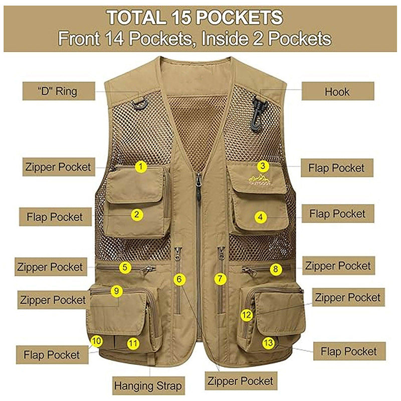 Fishing Vests for Men, 15-Pocket Mesh Utility Vest, 220g Woven | OEM/ODM